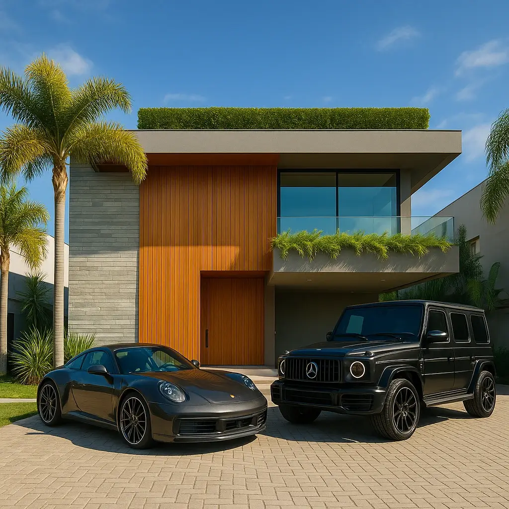 Carros de luxo com uma mansão ao fundo